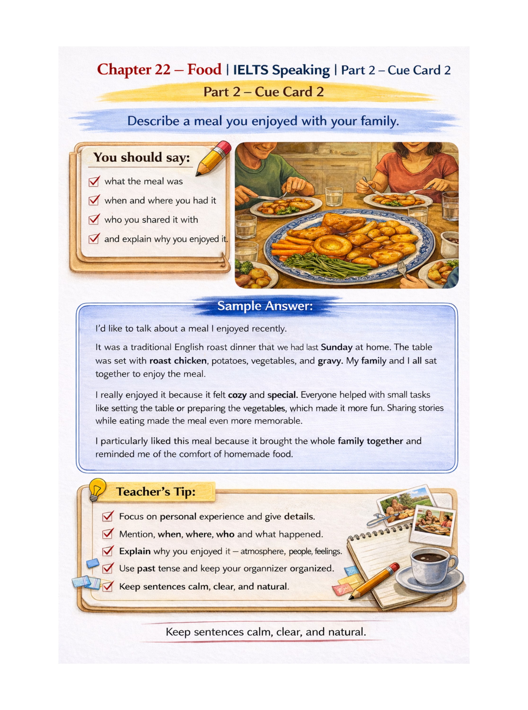 Sample page from the IELTS Speaking Workbook: Describe a meal you enjoyed