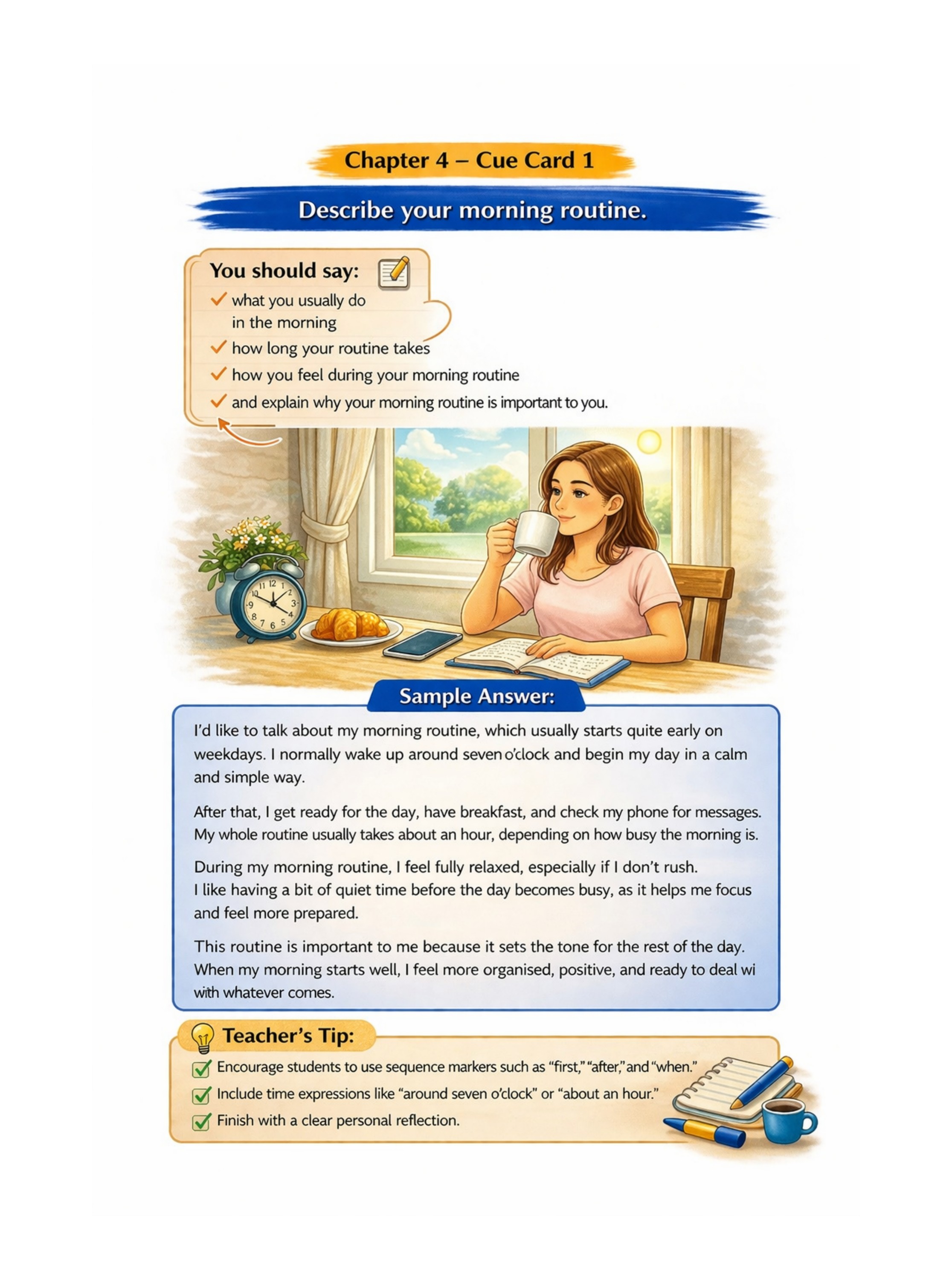 Sample page from the IELTS Speaking Workbook: Describe your morning routine